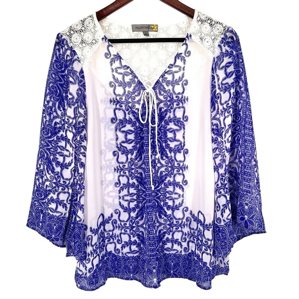 Figueroa & Flower Fig Flower Large SHEER Blue White Boho Shirt Top